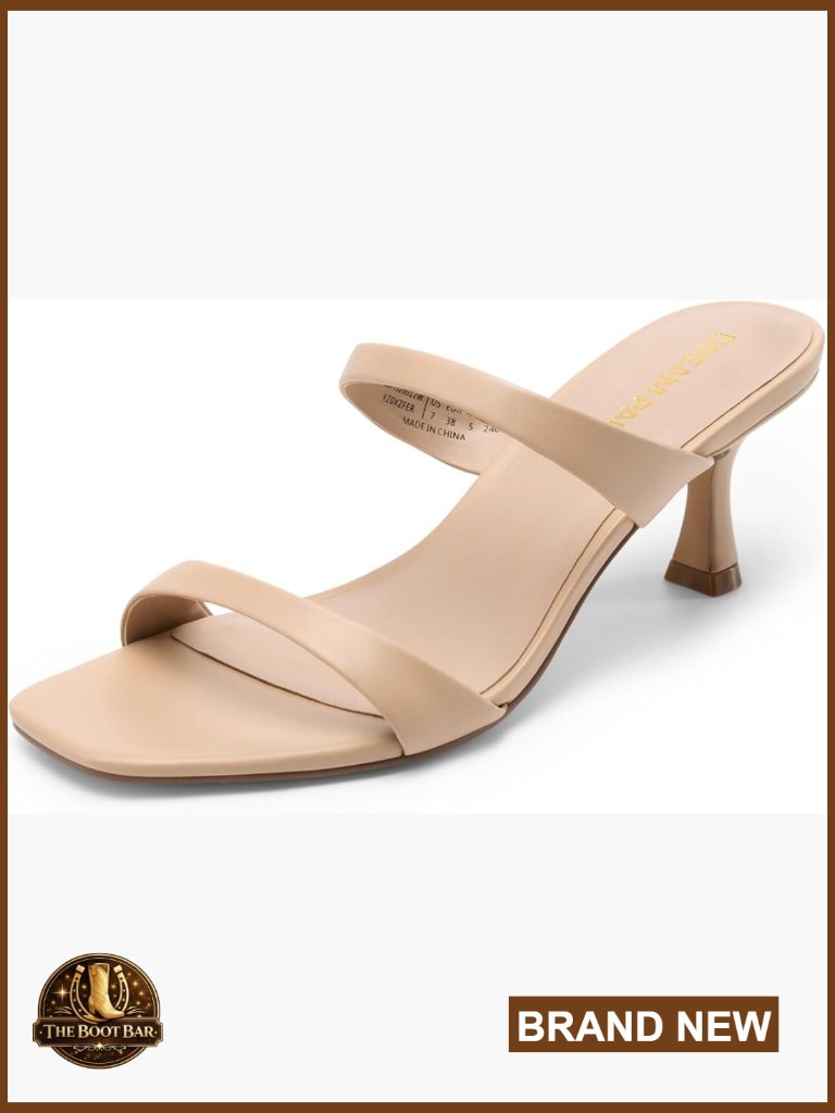 Women's Low Kitten Heels Square Toe Two Strap Heeled Sandals Slip On